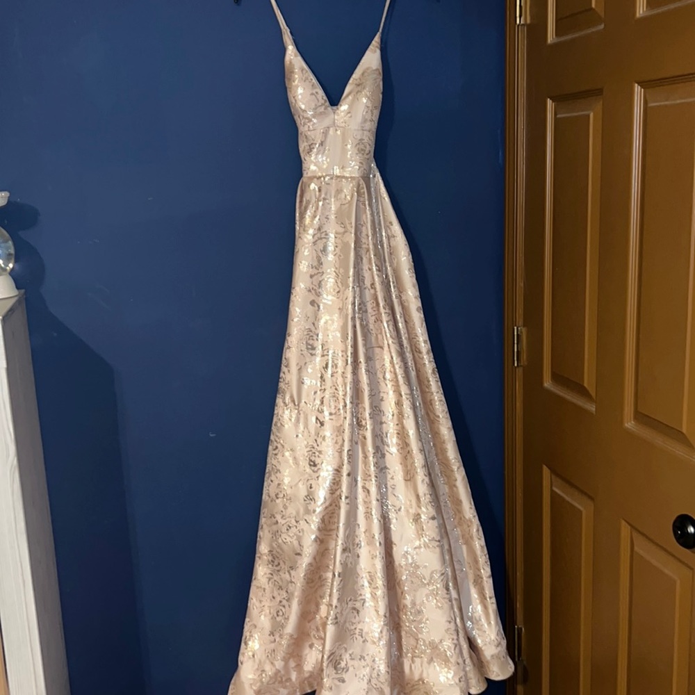 long, cross cross back, cream pink colored dress